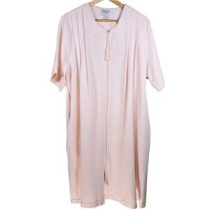 Amanda Stewart Pink Waffle Knit Zip Front Robe Floral Embroidered Tassel 1X